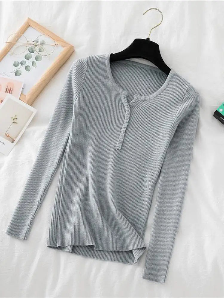 Soft Warm Tops for Women, Autumn Winter Button V Neck Sweater, Basic Slim Pullover, Knit Jumper for Cozy Style