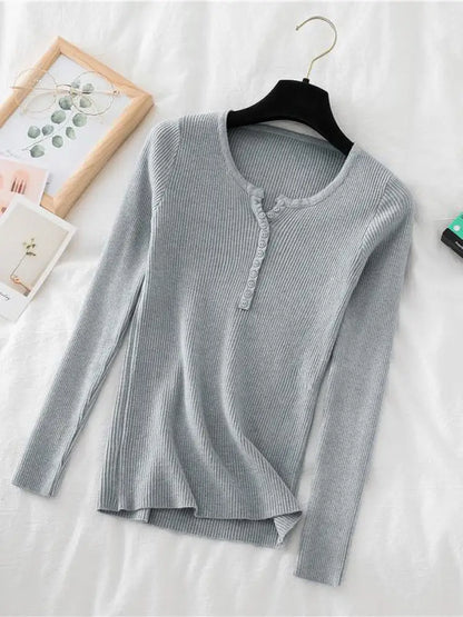 Soft Warm Tops for Women, Autumn Winter Button V Neck Sweater, Basic Slim Pullover, Knit Jumper for Cozy Style