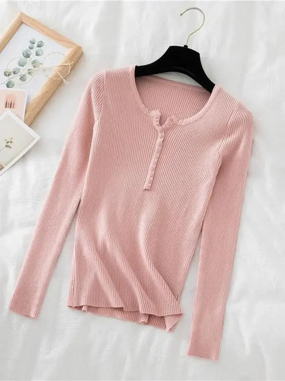Soft Warm Tops for Women, Autumn Winter Button V Neck Sweater, Basic Slim Pullover, Knit Jumper for Cozy Style