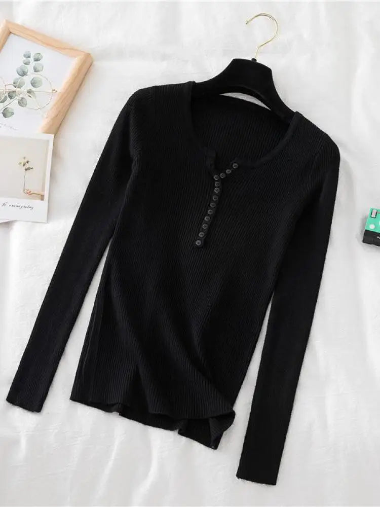 Soft Warm Tops for Women, Autumn Winter Button V Neck Sweater, Basic Slim Pullover, Knit Jumper for Cozy Style