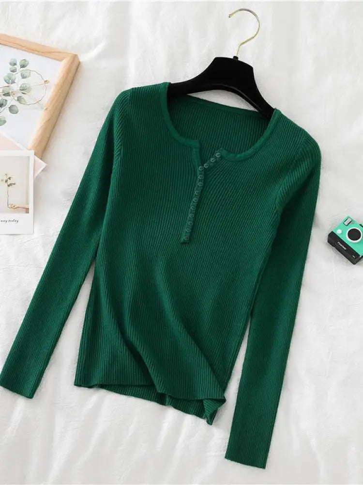 Soft Warm Tops for Women, Autumn Winter Button V Neck Sweater, Basic Slim Pullover, Knit Jumper for Cozy Style