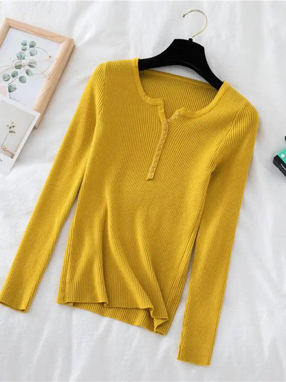 Soft Warm Tops for Women, Autumn Winter Button V Neck Sweater, Basic Slim Pullover, Knit Jumper for Cozy Style