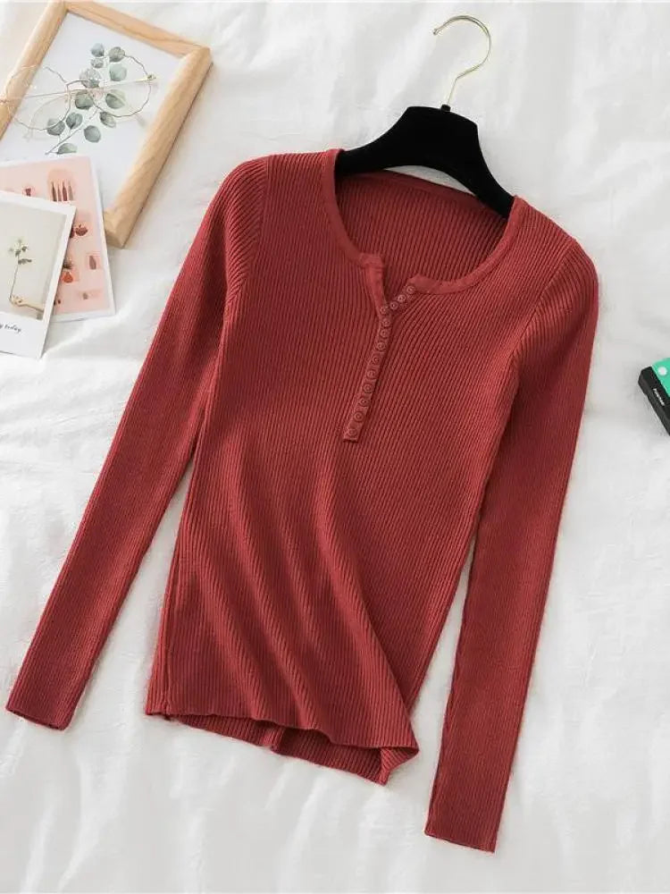 Soft Warm Tops for Women, Autumn Winter Button V Neck Sweater, Basic Slim Pullover, Knit Jumper for Cozy Style