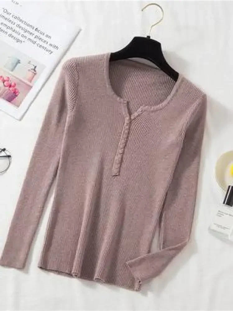Soft Warm Tops for Women, Autumn Winter Button V Neck Sweater, Basic Slim Pullover, Knit Jumper for Cozy Style