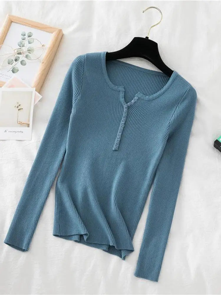 Soft Warm Tops for Women, Autumn Winter Button V Neck Sweater, Basic Slim Pullover, Knit Jumper for Cozy Style
