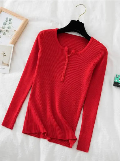 Soft Warm Tops for Women, Autumn Winter Button V Neck Sweater, Basic Slim Pullover, Knit Jumper for Cozy Style