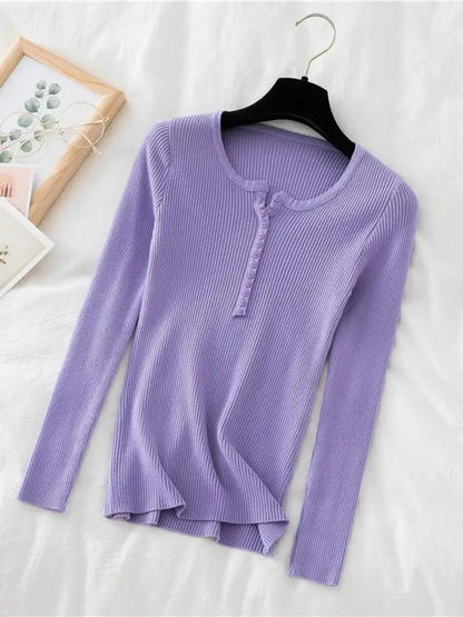 Soft Warm Tops for Women, Autumn Winter Button V Neck Sweater, Basic Slim Pullover, Knit Jumper for Cozy Style