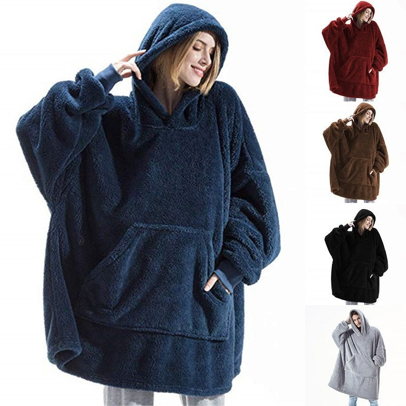 Women Winter Warm Hooded Outerwear, Soft Double Fleece Jacket, Elegant Long Pullover Hoodie, Unisex Thick Home Wear
