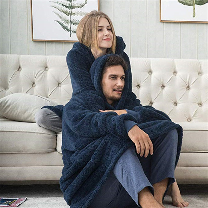 Women Winter Warm Hooded Outerwear, Soft Double Fleece Jacket, Elegant Long Pullover Hoodie, Unisex Thick Home Wear
