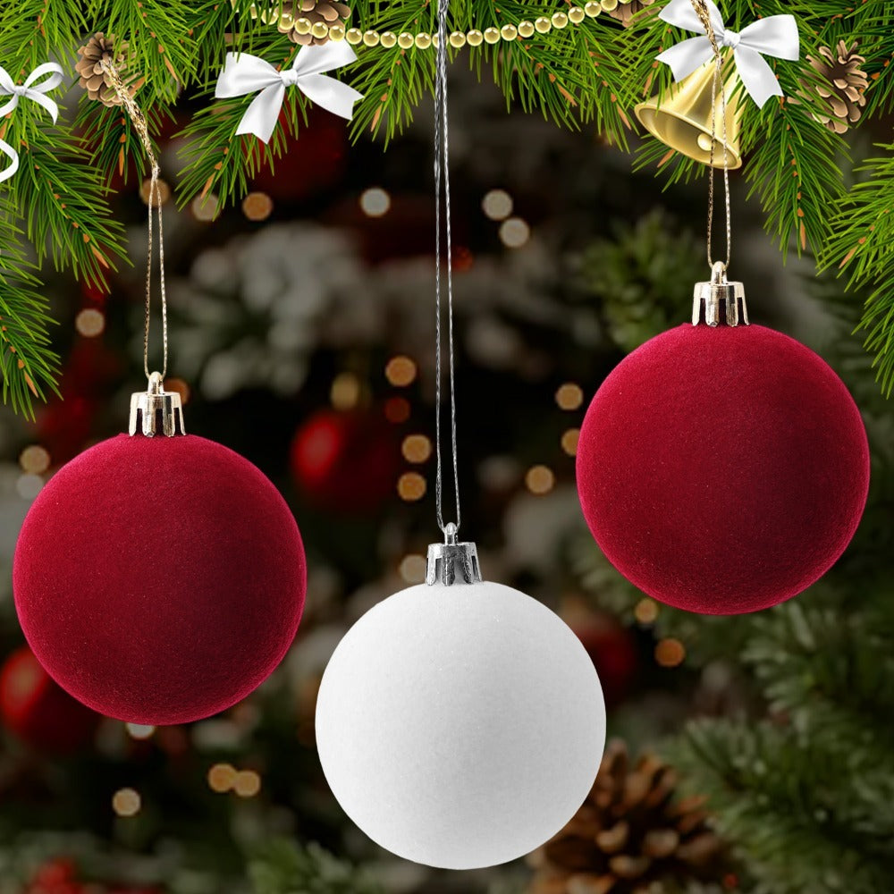 Holiday Wedding Party Supplies, Red Flocked Christmas Ornaments, Hanging Decorative Ball, Balls for Tree Decorations