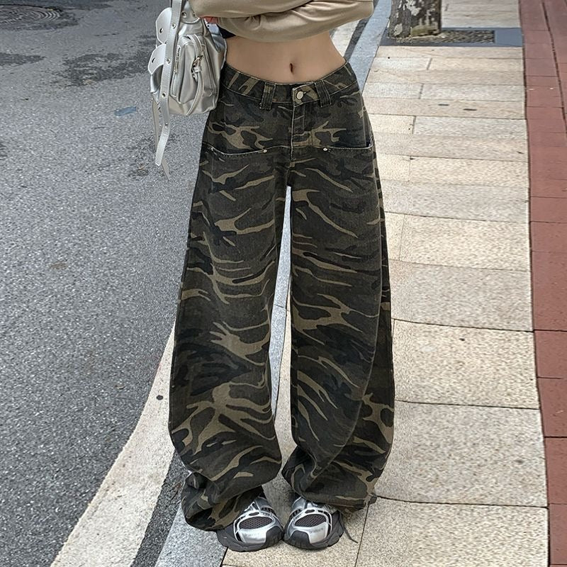 Autumn Winter Low Rise Jeans, Ladies Baggy Drawstring Mop Camouflage Pants Women American High Street