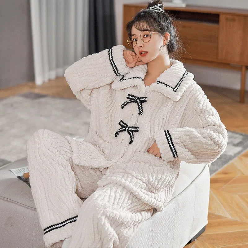 Womens Pajamas 2Pcs Set Winter Padded And Thickened Loungewear Cozy Princess Home Wear Soft Fleece  2