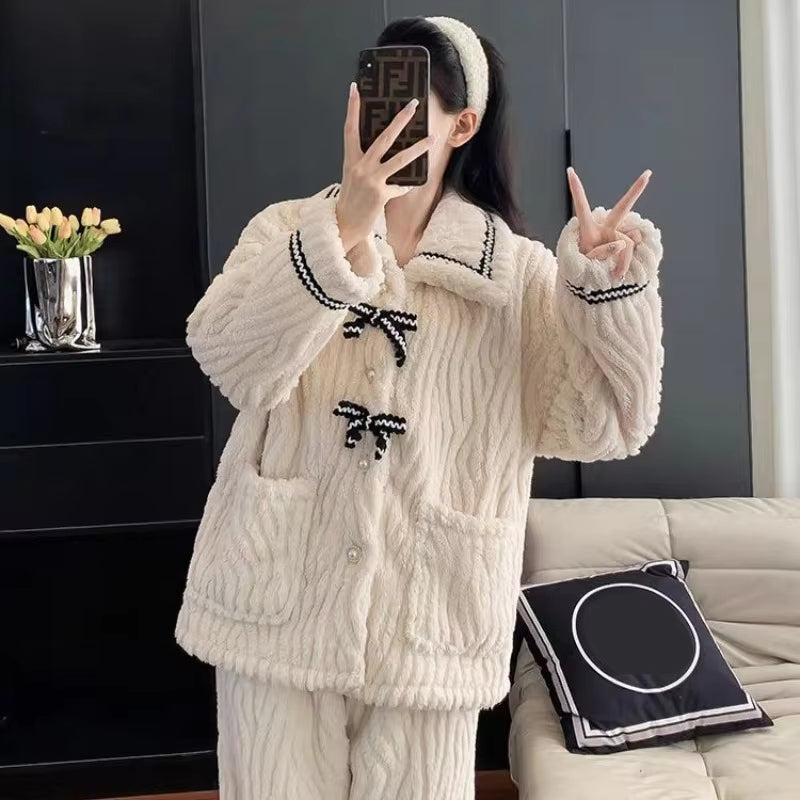 Womens Pajamas 2Pcs Set Winter Padded And Thickened Loungewear Cozy Princess Home Wear Soft Fleece  3