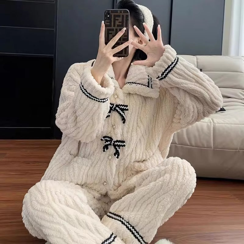 Womens Pajamas 2Pcs Set Winter Padded And Thickened Loungewear Cozy Princess Home Wear Soft Fleece  4