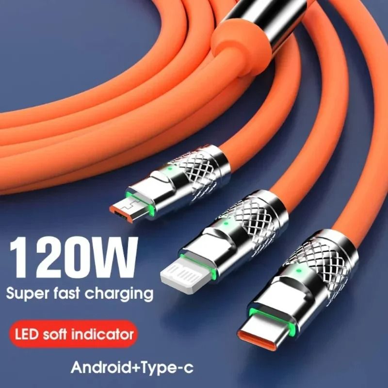 3in1 USB Fast Charging Cable MultiPort 6A 120W Data Cord For Phones Devices 1