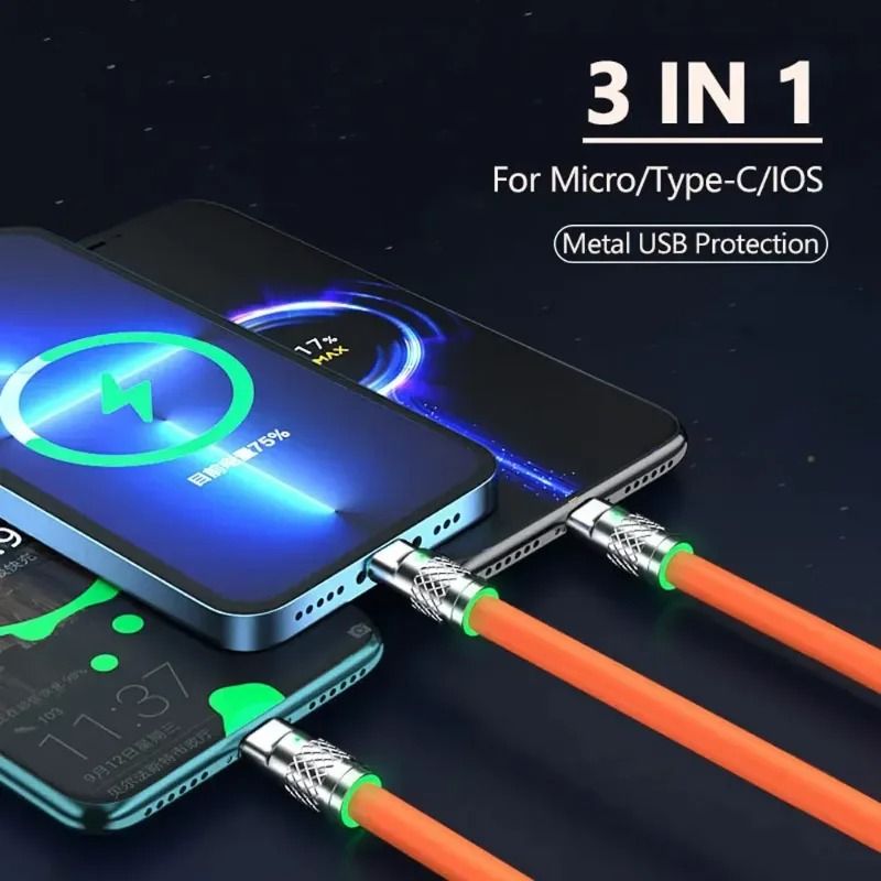 3in1 USB Fast Charging Cable MultiPort 6A 120W Data Cord For Phones Devices 2