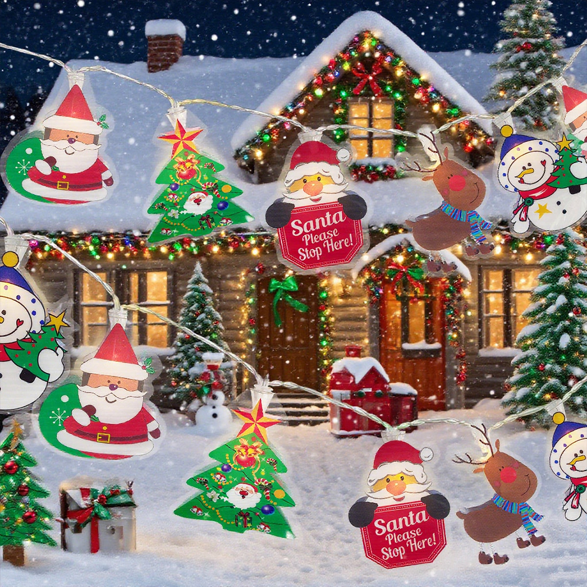 Christmas Tree, Santa Claus, Snowman, Reindeer LED String Lights Mix Pattern Fairy Lamps for Home, Garden, Holiday Party
