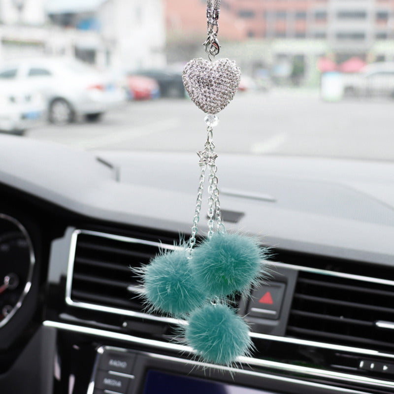 Auto Rearview Mirror Pendant Fashion Diamond Car Accessorie Bling Hairball Ornament Cute Car Decor  3