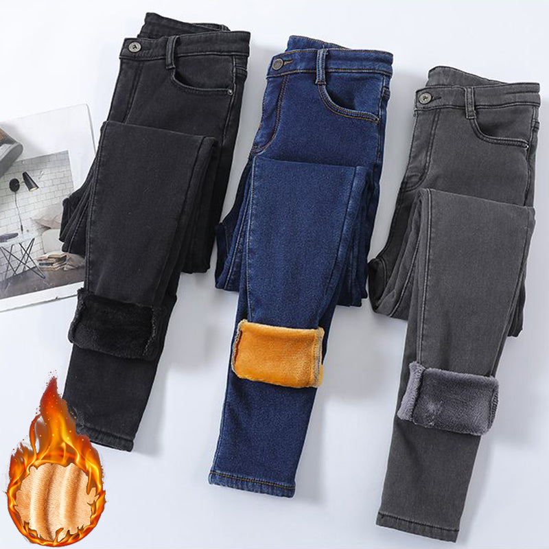 Winter Lady Thermal Plush Jeans, High Waist Fleece Pants, Snow Warm Stretch Denim, Straight Leg Womens Jeans, Cozy Cold