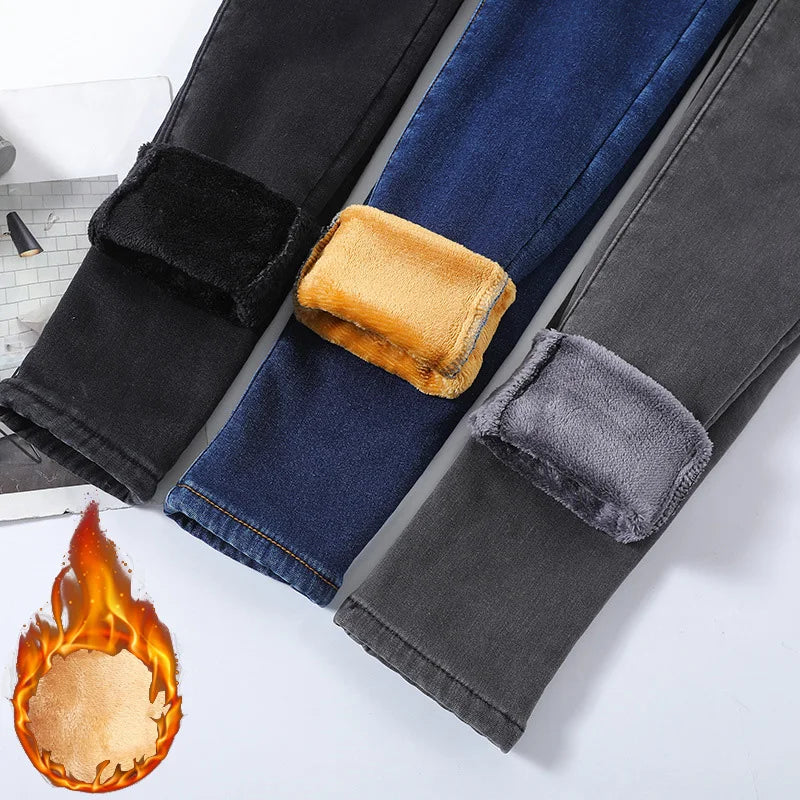 Winter Lady Thermal Plush Jeans High Waist Fleece Pants Snow Warm Stretch Denim Straight Leg Womens 1