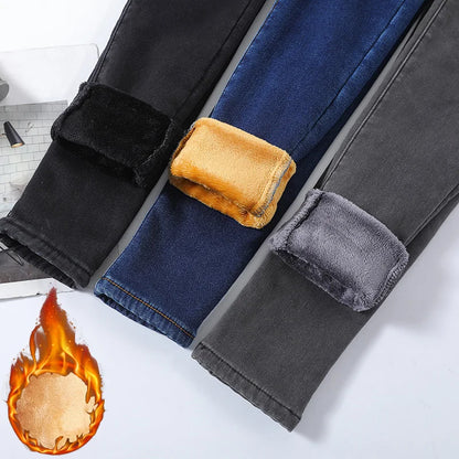 Winter Lady Thermal Plush Jeans High Waist Fleece Pants Snow Warm Stretch Denim Straight Leg Womens 1
