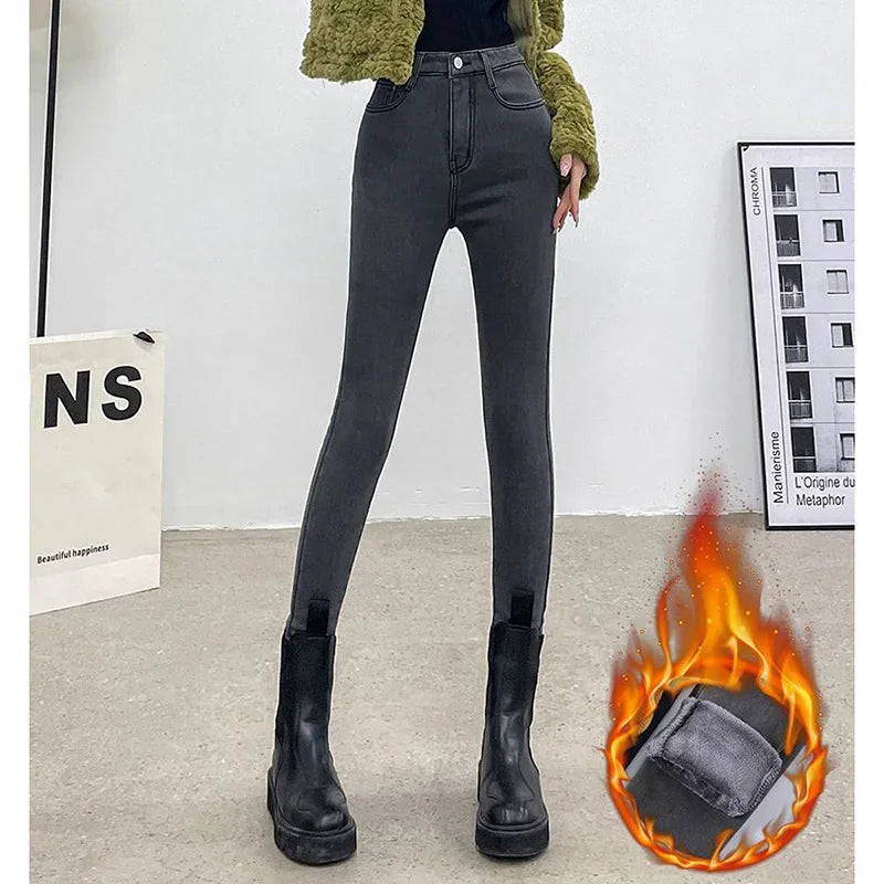 Winter Lady Thermal Plush Jeans High Waist Fleece Pants Snow Warm Stretch Denim Straight Leg Womens 3