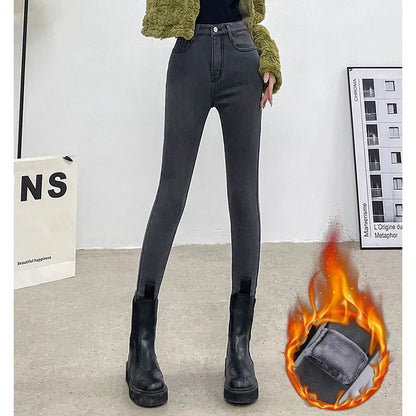 Winter Lady Thermal Plush Jeans High Waist Fleece Pants Snow Warm Stretch Denim Straight Leg Womens 3