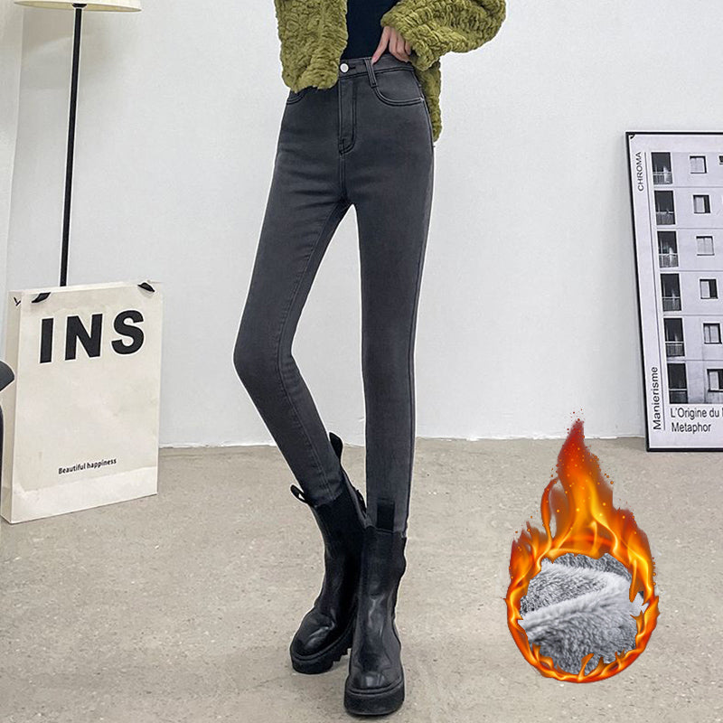 Winter Lady Thermal Plush Jeans High Waist Fleece Pants Snow Warm Stretch Denim Straight Leg Womens 4