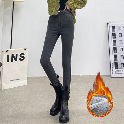 Winter Lady Thermal Plush Jeans High Waist Fleece Pants Snow Warm Stretch Denim Straight Leg Womens 4