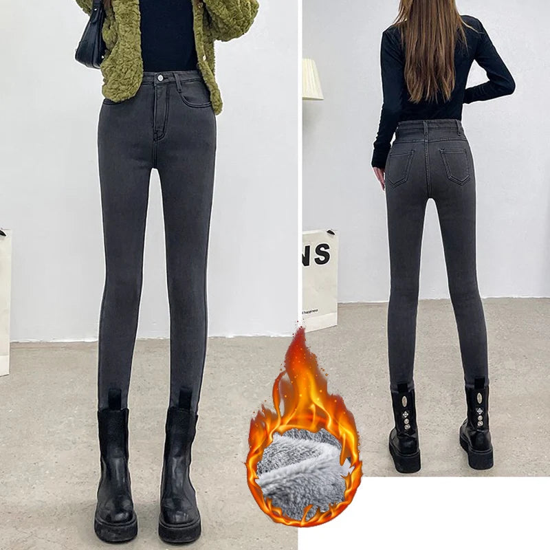 Winter Lady Thermal Plush Jeans High Waist Fleece Pants Snow Warm Stretch Denim Straight Leg Womens 5