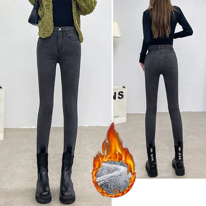 Winter Lady Thermal Plush Jeans High Waist Fleece Pants Snow Warm Stretch Denim Straight Leg Womens 5