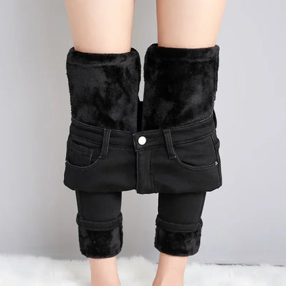Winter Lady Thermal Plush Jeans High Waist Fleece Pants Snow Warm Stretch Denim Straight Leg Womens 9