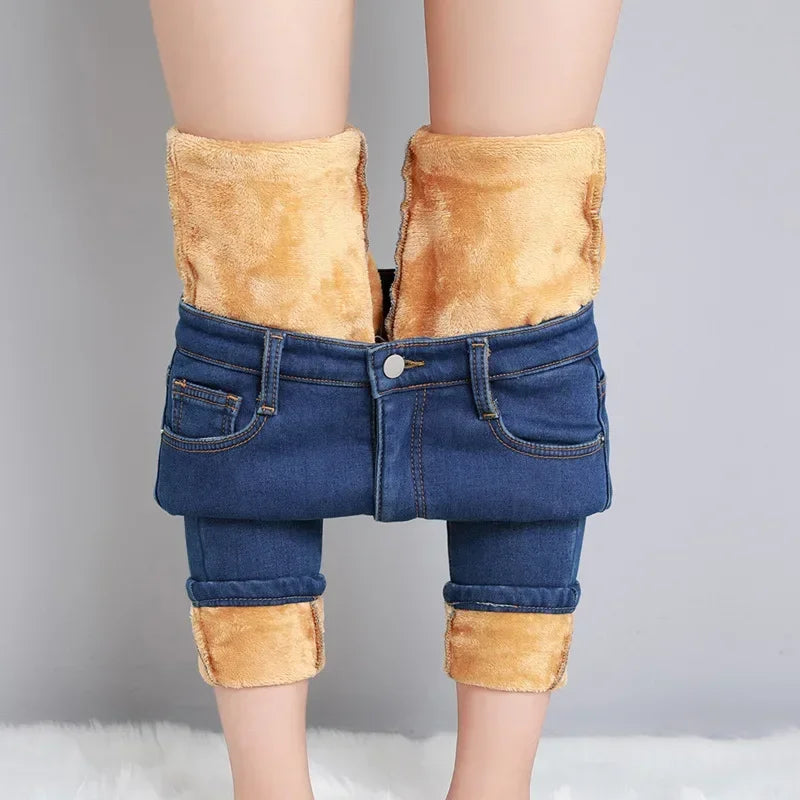 Winter Lady Thermal Plush Jeans High Waist Fleece Pants Snow Warm Stretch Denim Straight Leg Womens 10
