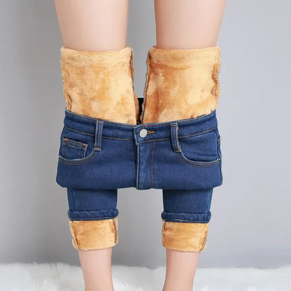 Winter Lady Thermal Plush Jeans High Waist Fleece Pants Snow Warm Stretch Denim Straight Leg Womens 10