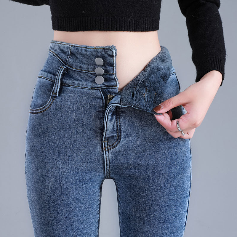 Women Thermal High Waist Jeans, Winter Snow Warm Plush Denim, Stretch Skinny Thick Fleece Fur Pants for Ladies