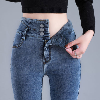 Women Thermal High Waist Jeans, Winter Snow Warm Plush Denim, Stretch Skinny Thick Fleece Fur Pants for Ladies
