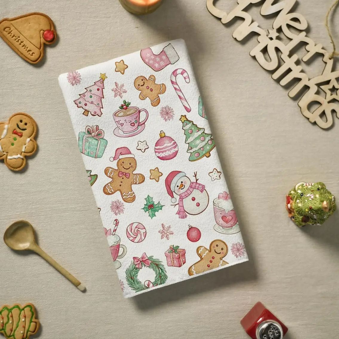 Pink Snowman Christmas Kitchen Towels, Super Soft and Absorbent, Festive Holiday Dish Towels, Baking and Hand Towels