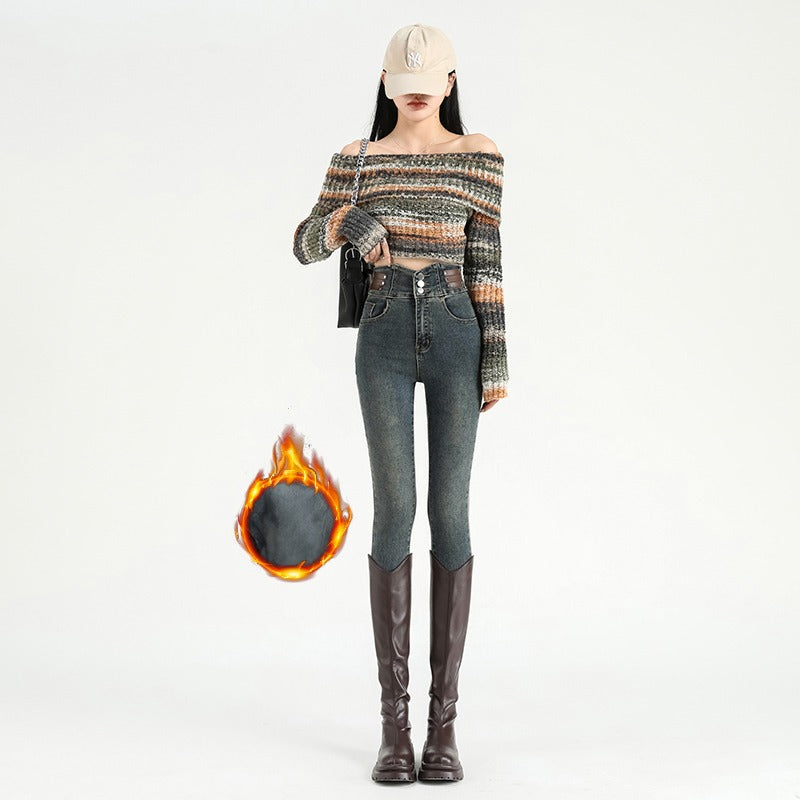 High Waist Fleece Jeans, Winter Warm Velvet Denim Pants, Slim Fit Womens Thermal Elastic Pencil Trousers