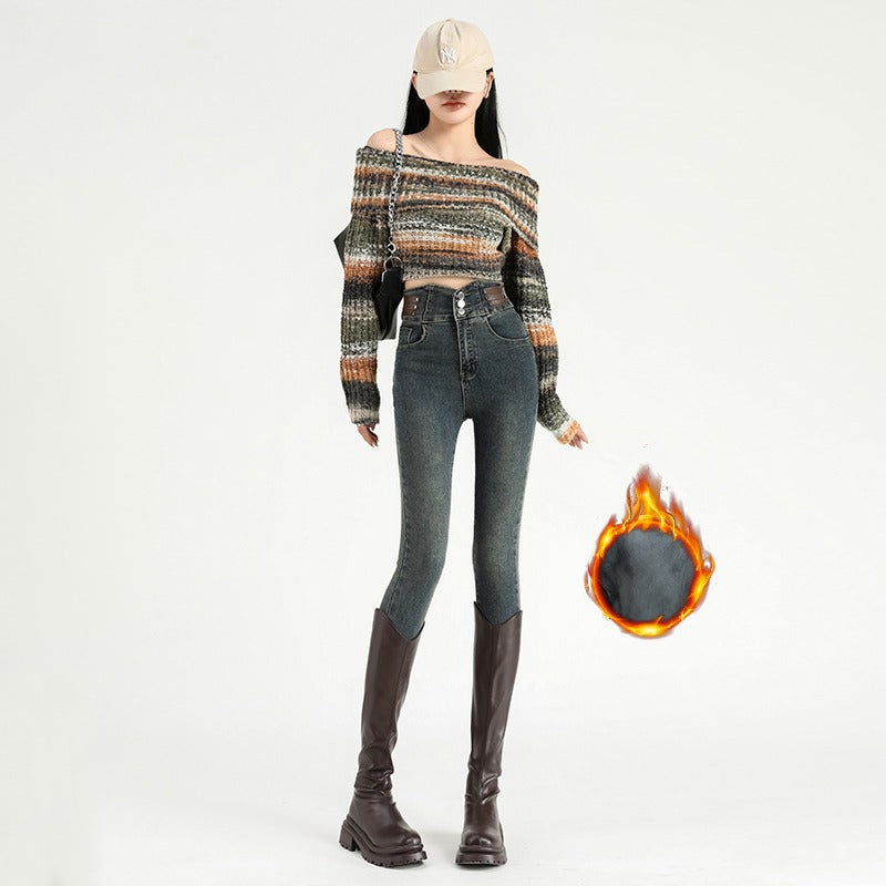 High Waist Fleece Jeans, Winter Warm Velvet Denim Pants, Slim Fit Womens Thermal Elastic Pencil Trousers