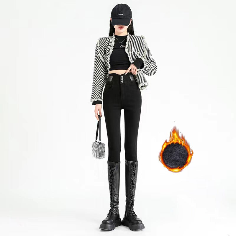 High Waist Fleece Jeans, Winter Warm Velvet Denim Pants, Slim Fit Womens Thermal Elastic Pencil Trousers