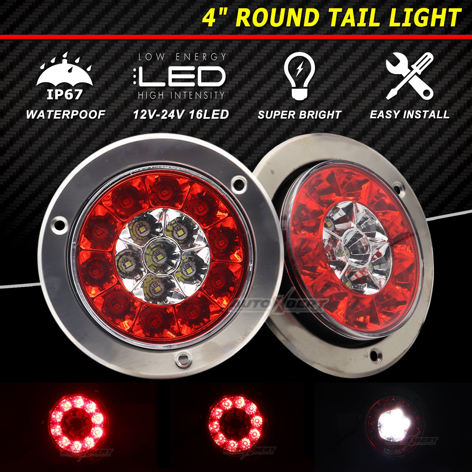 Red LED Brake Tail Light for Truck Trailer, Waterproof Round Rear Lamp for RV, UTV, Tractor, Van, UTE, Bus, Caravan
