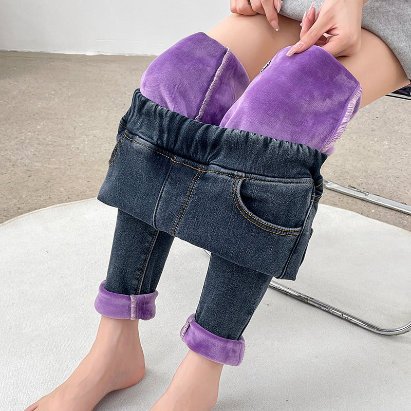 Womens Winter Jeans, Fleece Lined Slim Pencil Trousers, Elastic Waist Velvet Mom Denim Pants