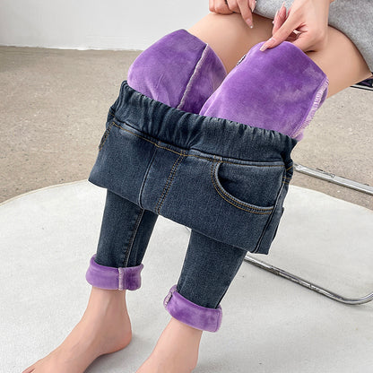 Womens Winter Jeans, Fleece Lined Slim Pencil Trousers, Elastic Waist Velvet Mom Denim Pants