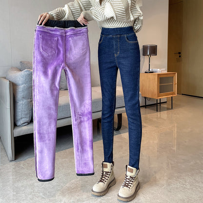 Womens Winter Jeans Fleece Lined Slim Pencil Trousers Elastic Waist Velvet Mom Denim Pants 3