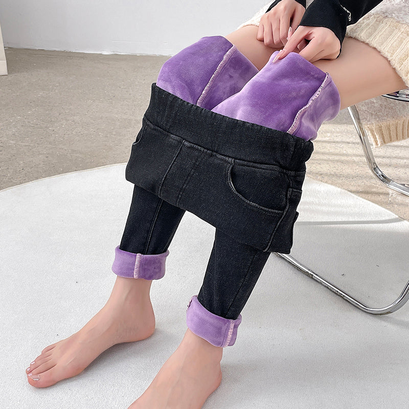 Womens Winter Jeans Fleece Lined Slim Pencil Trousers Elastic Waist Velvet Mom Denim Pants 7