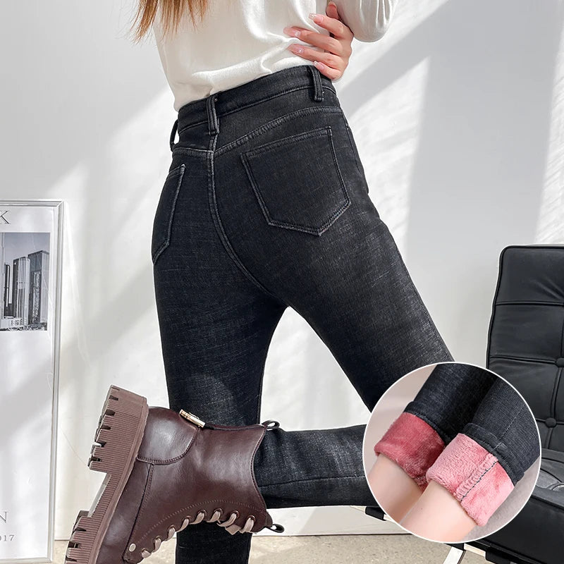 New Women Thermal Stretch Jeans, Winter Warm Fleece Lined Denim Pants, Slim Fit Stretchy Leggings