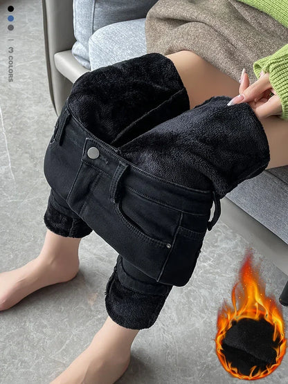 Slim Womens Warm Fleece Jeans, High Waist Stretch Pants, Winter Thicken Velvet Skinny Leggings, Fashion Pencil Style