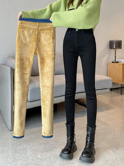 Slim Womens Warm Fleece Jeans High Waist Stretch Pants Winter Thicken Velvet Skinny Leggings Fashio 1