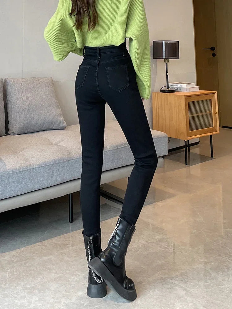 Slim Womens Warm Fleece Jeans High Waist Stretch Pants Winter Thicken Velvet Skinny Leggings Fashio 2