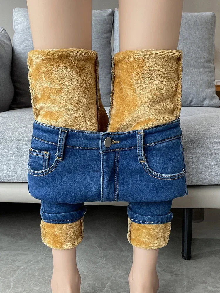 Slim Womens Warm Fleece Jeans High Waist Stretch Pants Winter Thicken Velvet Skinny Leggings Fashio 3